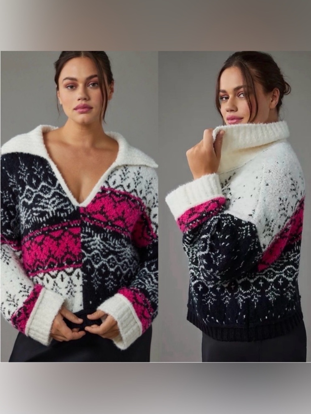 Anthropologie Pilcro V-Neck Fuzzy Printed Popover Sweater - Small cozy warm